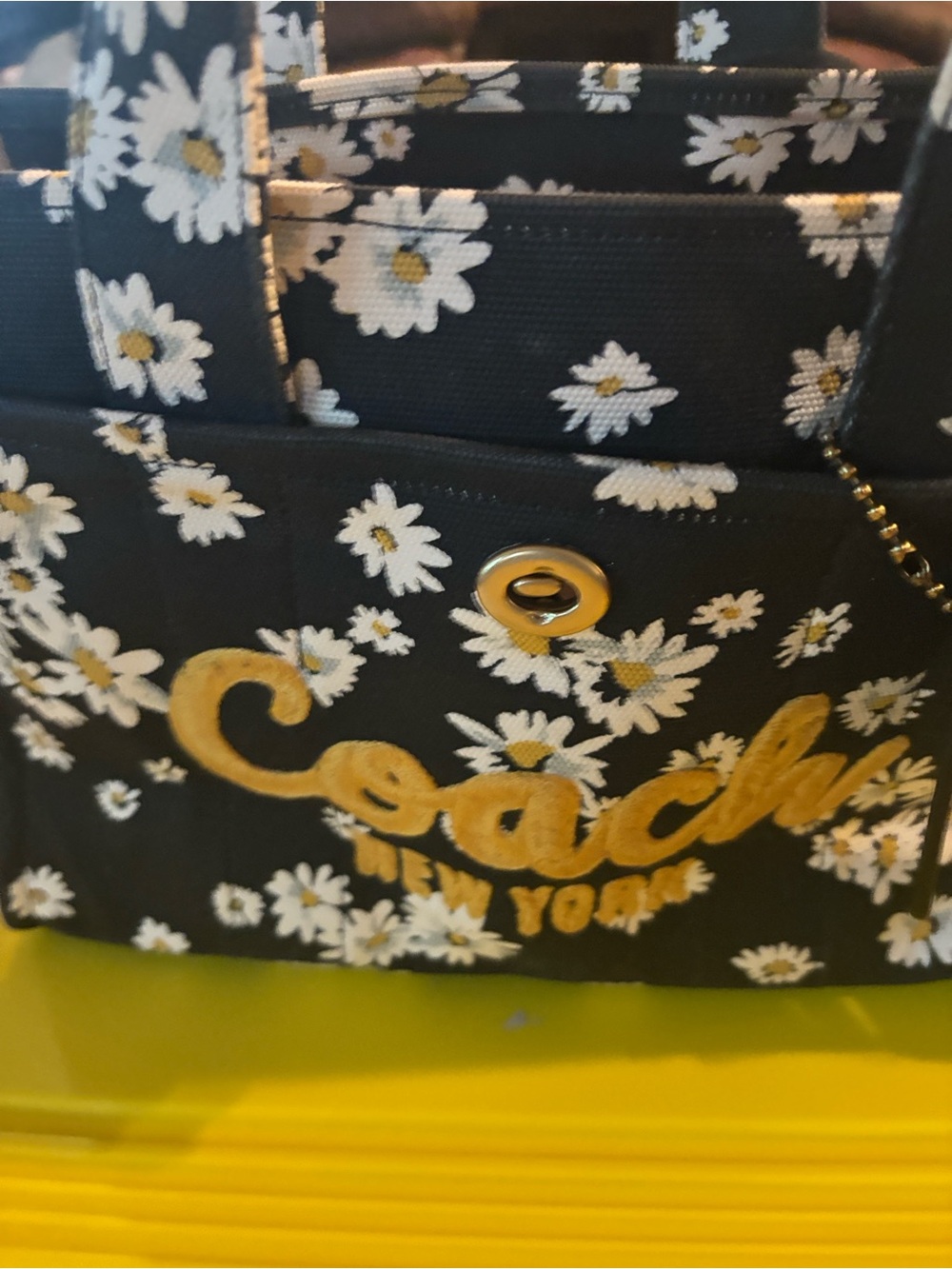 Coach Black Daisy Print Tote with Yellow Logo